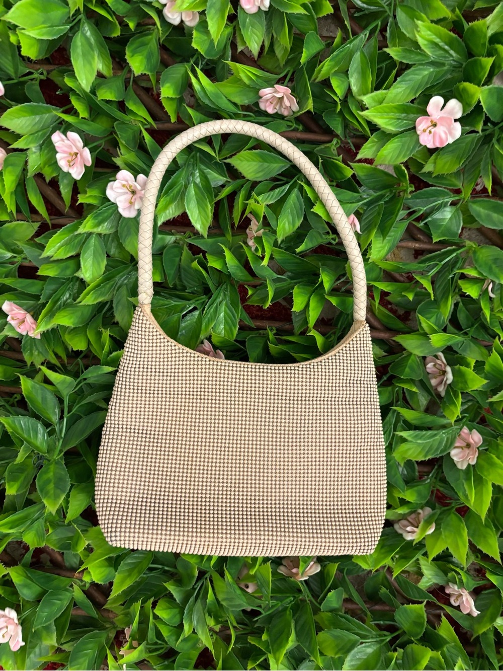 Cream Woven Shoulder Bag with Braided Handle